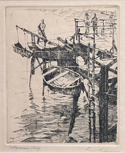 Paul Whitman - "Fisherman's Wharf" - Etching - 6" x 4.75" - Plate: Signed and dated lower left
<br>Titled in pencil lower left
<br>Signed in pencil lower right
<br>
<br>Directly from the estate of Paul Whitman
<br>
<br>Whitman would by intention prefer to challenge his considerable dawing skills by producing intricate scenes of piers and wharves.