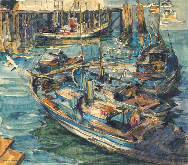 Armin C. Hansen, N.A. - "Monterey Harbor" - Watercolor - 13" x 14 3/4" - Signed Armin Hansen A.N.A. lower left
<br>
<br>Provenance: Private colleciton, northern California
<br>Exhibited:
<br>"Coastal Views: California and the Pacific Northwest"
<br>organized by the Whatcom Museum, Bellingham, Washington, June 24 - October 29, 2023.
<br>Illustrated in the catalogue published in conjunction with the exhibition, page 11.
<br>
<br>It was not until the fall of 1916, after spending considerable time there, that Hansen began to focus on the fishing culture of the Monterey Peninsula as his chosen subject. By the following summer, his Monterey fishing subjects were quite popular critically and commercially. By 1918, he established a year-round residence in Monterey, and by 1922, he fully settled there. 
<br>
<br>Once he started producing a body of work focused on the Monterey fishing industry, his critics enthusiastically embraced him for having the perfect attributes for the ruggedness of his chosen subject—'Hansen is a bold painter who, having lived so long with the fishermen, seems to have the sun, fog, salt and spray of their daily life in his very blood.' 
<br>
<br>Hansen's scenes of Monterey's fishermen brought visibility to their livelihood while elevating them as worthy of artistic expression. Unlike his predecessors who romanticized the early California fishing trade, he chose to depict it as it was, reflecting the diversity of its workers, the bustle of a growing commercial fishing port, and modern advancements to the trade.
<br>
<br>Source: Armin Hansen: The Artful Voyage  by Scott A. Shields, PhD., 2015.