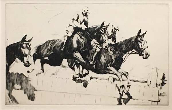 Armin C. Hansen, N.A. - "Over the Top" - Etching and drypoint - 9" x 14 3/8" - Plate: Signed and dated, lower right: Armin Hansen '31. 
<br>Titled in pencil lower left; signed in pencil lower right.
<br>
<br>Illustrated:  'The Graphic Art of Armin C. Hansen, A Catalogue Raisonne' by Anthony  R. White/1986. Plate 127, page 142.
<br>
<br>In the fall of 1931, Hansen accepted a commission from the Pebble Beach Riding Club for a painting of horses in a steeplechase, which would serve as inspiration for the etching and drypoint “Over the Top”. Not only did the print do well in terms of sales, but in the summer of 1932, it won an Honorable Mention in the Competition and Exhibition of Art held in conjunction with the Summer Olympic Games in Los Angeles; catalogue #911, page 58. For Hansen, the rodeo scenes and horse imagery harkened back to his father. “There’s only one way I can account for the horses,” he explained. “My father, who was a painter before me, made quite a success with frontier subjects.”