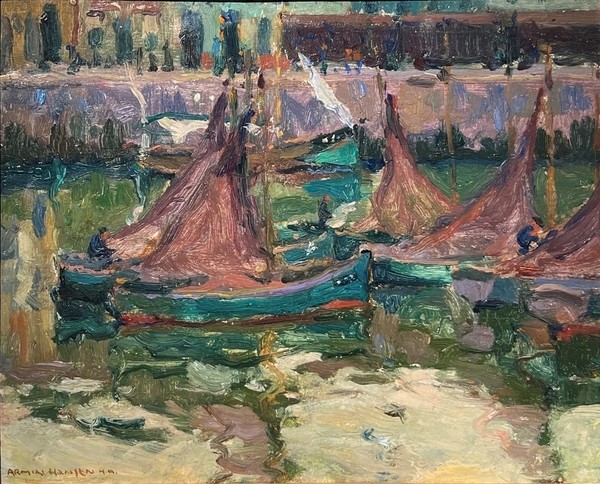 Armin C. Hansen, N.A. - "Idle Fisher Fleet" - Oil on panel - 10" x 12" - Signed lower left: Armin Hansen N.A.
<br>Titled and signed on reverse
<br>Remnant of custom's label on reverse: Nieuport
<br>
<br>Exhibited:
<br>Early California Masters: Paintings from the Katherine A. Norris Legacy Collection, American Legacy Fine Arts, Pasadena, California, November 12 - December 19, 2021. Illustrated in accompanying catalogue, page six.
<br>
<br>Published:
<br>American Art Review Magazine, advertisement, November/December 2021
<br>
<br>Western Art & Architecture, advertisement, November 2021
<br>
<br>American Art Review Magazine advertisement, March/April 2020