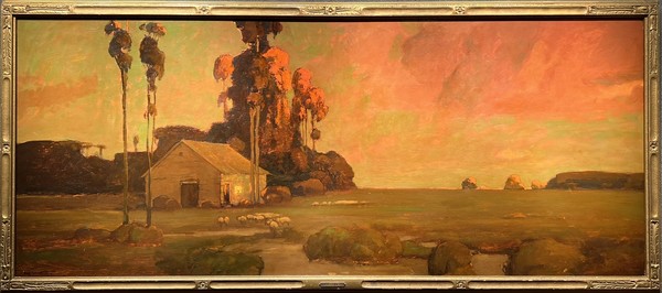 Karl Schmidt - "Cabin at Dusk" - California - Oil on board - 30" x 72" - Signed and dated lower left
<br>Artist signed on reverse
<br>Artist's hand-carved arts & crafts frame with name plaque
<br>
<br>Partial Maxwell Galleries label on reverse
<br>
<br>Karl Schmidt was a leading proponent of the Arts and Crafts movement. Traveling to England from his native city in Worcester, MA he likely came under the influence of the arts and crafts painter Frank Brangwyn; and later the teachings of Arthur Wesley Dow. 
<br>
<br>In 1915 he moved to Santa Barbara joining a group of painters in the mission-style studio of California artist, Alexander Harmer. His paintings were displayed at the Panama Pacific International Exposition in San Francisco (PPIE), 1915. He further exhibited at the Los Angeles County Museum of Art (LACMA), the Art Institute of Chicago, National Academy of Design, and the Cincinnati Museum of Art, among many other venues.