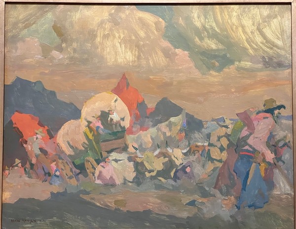 Armin C. Hansen, N.A. - "Empire Builders" - Oil on board - 15 3/4" 19 3/4" - Signed lower left
<br>Titled and signed on reverse
<br>One of two paintings that Hansen exhibited
<br>at the CAA's 1936 Christmas Show.
<br>
<br>A symbolic creation inspired by California’s Gold Rush era in the days of the Forty Niners
<br>
<br>The "Empire Builders" is one of three significant paintings that Thelma B. Miller, art critic for the Carmel Pine Cone, singles out as a “new” method of painting which Armin Hansen briefly and very successfully ventured into in 1936.
<br>
<br>The following is excerpted from: Jennie V. Cannon: The Untold History of the Carmel and Berkeley Art Colonies, Volume 1, East Bay Heritage Project, by Robert W. Edwards/2012, page 429:
<br>
<br>In the summer of 1936, Hansen completed for the new library at Carmel's Sunset School his WPA Federal Art Project mural entitled 'The Span of Life', a symbolical creation in light, bright colors…'. That fall at the Carmel Art Association's Exhibition of Oils, Miller observed: The Hansen painting, 'With the Wind', seems to mark further the emergence of a new method by this outstanding artist. He has never made finer use of color than in some of his recent paintings. Of his two entries at the Carmel Art Association's Christmas Show in 1936 Miller found that one was a "blue-water" canvas in his "old method," but the other was executed in the new "symbolism which he is currently practicing" with "a whole new palette full of colors…his 'Empire Builders' inspired by the covered wagon period, but not historic or genre in style." 
<br>
<br>
<br>The following is excerpted from: Armin Hansen: The Artful Voyage by Scott A. Shields, PhD. / 2015:
<br>
<br>"For decades, the American frontier symbolized the youth and potential of the new nation, but with development bridging the coasts and the country connected by iron rails and roads, the need to civilize the American wilds was waning, and the idea of the frontier was quickly becoming self-conscious, a sure sign that the era had passed. And yet the frontier did linger symbolically, making images and stories of humanity's interactions with nature appealing." Page 29.
<br>
<br>CHRONOLOGY: December/1936: Exhibits two paintings (a blue marine and Empire Builders) in a show of small paintings at the Carmel Art Association. Page 251.
<br>
<br>NOTE: Hansen painted a larger version of 'Empire Builders' in 1949, oil on canvas, 24” x 36”, commemorating the year of the Gold Rush. It is in the permanent collection of the Monterey Museum of Art.