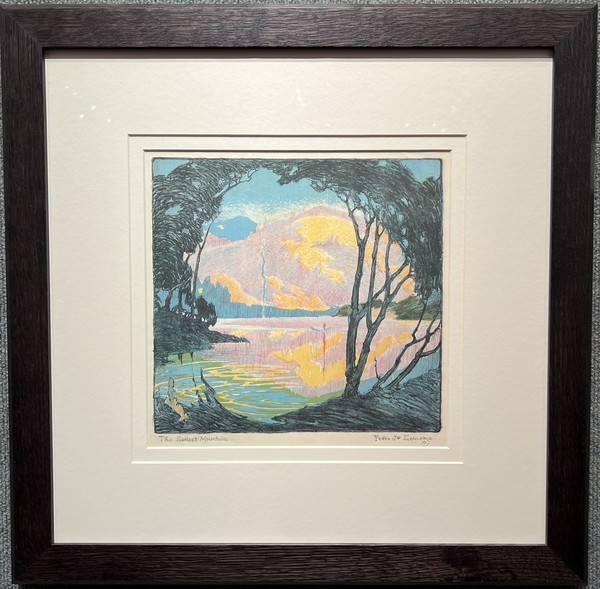 Pedro J. de Lemos - "The Sunset Mountain" - Color lithograph - 9 1/2" x 10" - Titled lower left
<br>Signed lower right
<br>
<br>View of Lake Merritt - near Berkeley in the foothills above Oakland which is on the east bay. 
<br>
<br>Lake Merritt is a lake located in a large tidal lagoon basin in the center of Oakland, California, just east of Downtown. It is named after Samuel Merritt, Oakland's mayor in 1867–1869, who had the lagoon dammed turning the tidal lagoon into a salt water lake. It is surrounded by parkland and city neighborhoods.
<br>
<br>Edwards/page 61
<br>The extraordinary compositions and brash colors in Lemos' "The Green Cove" (pl.30a), "Sleepy Heads" (pl.31a), and "The Sunset Mountain" (pl.32b) anticipate the psychedelic world of 1960s Pop Art. How many of his contemporaries were this inventive?