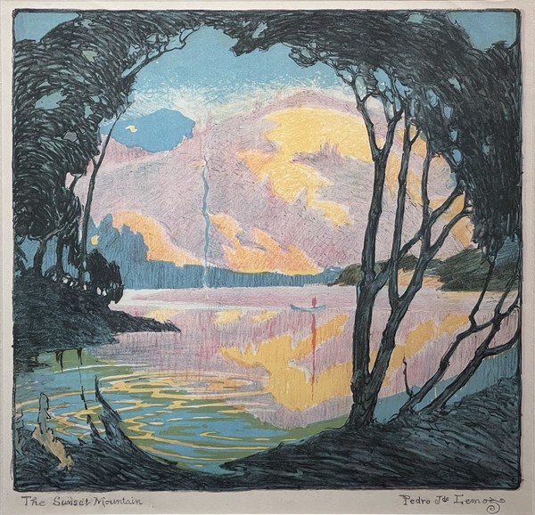 Pedro J. de Lemos - "The Sunset Mountain" - Color lithograph - 9 1/2" x 10" - Titled lower left
<br>Signed lower right
<br>
<br>View of Lake Merritt - near Berkeley in the foothills above Oakland which is on the east bay. 
<br>
<br>Lake Merritt is a lake located in a large tidal lagoon basin in the center of Oakland, California, just east of Downtown. It is named after Samuel Merritt, Oakland's mayor in 1867–1869, who had the lagoon dammed turning the tidal lagoon into a salt water lake. It is surrounded by parkland and city neighborhoods.
<br>
<br>Edwards/page 61
<br>The extraordinary compositions and brash colors in Lemos' "The Green Cove" (pl.30a), "Sleepy Heads" (pl.31a), and "The Sunset Mountain" (pl.32b) anticipate the psychedelic world of 1960s Pop Art. How many of his contemporaries were this inventive?