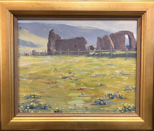 William Posey Silva - "Old Adobe Ruins" - Oil on canvasboard - 12" x 15" - Signed lower right
<br>Titled, signed, dated, and inscribed on reverse:
<br>'To my very good friend and neighbor George Marion as a slight token of my love of him as a man and an artist in his great historic work.'
<br>William P. Silva - June 8th, 1944.
<br>
<br>
<br>The Estate of Ann Whitman Chapman/AWC Family LLC
<br>Ann Whittman Chapman was the daughter of early California artist - Paul Whitman (1897-1950).
<br>
<br>In the late 1920s, Whitman moved with his wife, and the first two of his three children—Colden and Ann—to Carmel where he quickly gained notoriety for his oils, watercolors, lithographs, landscapes, and waterfront depictions.  The family built a home on the fifteenth fairway  at Pebble Beach, which also served as a studio.
<br>
<br>He was one of the original members of the celebrated Carmel art community, which included over the years such notable American artists as William Ritschel, Armin Hansen (one of Whitman’s mentors), Gottardo Piazzoni, Charles Rollo Peters, as well as photographer Ansel Adams and poet Robinson Jeffers.