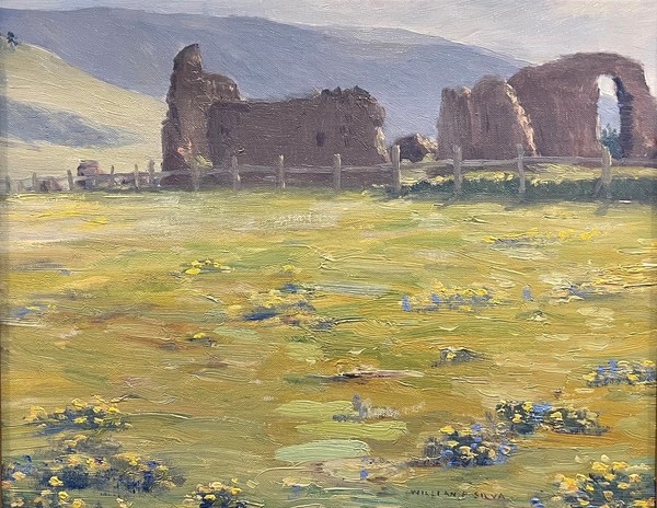 William Posey Silva - "Old Adobe Ruins" - Oil on canvasboard - 12" x 15" - Signed lower right
<br>Titled, signed, dated, and inscribed on reverse:
<br>'To my very good friend and neighbor George Marion as a slight token of my love of him as a man and an artist in his great historic work.'
<br>William P. Silva - June 8th, 1944.
<br>
<br>
<br>The Estate of Ann Whitman Chapman/AWC Family LLC
<br>Ann Whittman Chapman was the daughter of early California artist - Paul Whitman (1897-1950).
<br>
<br>In the late 1920s, Whitman moved with his wife, and the first two of his three children—Colden and Ann—to Carmel where he quickly gained notoriety for his oils, watercolors, lithographs, landscapes, and waterfront depictions.  The family built a home on the fifteenth fairway  at Pebble Beach, which also served as a studio.
<br>
<br>He was one of the original members of the celebrated Carmel art community, which included over the years such notable American artists as William Ritschel, Armin Hansen (one of Whitman’s mentors), Gottardo Piazzoni, Charles Rollo Peters, as well as photographer Ansel Adams and poet Robinson Jeffers.