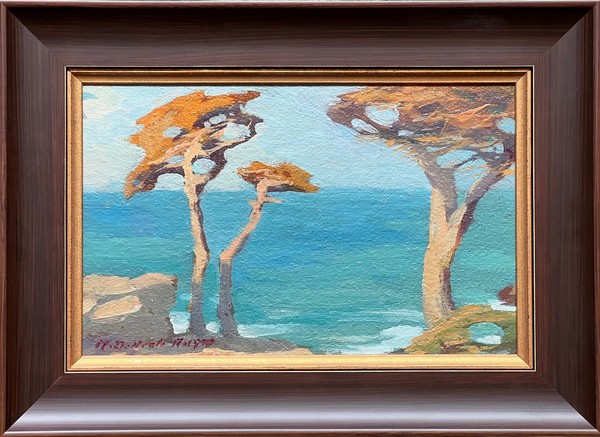 Mary DeNeale Morgan - "Cypress on the Coast" - Oil on board - 7" x 10 3/4" - Estate signed lower left
<br>Direcetly from the estate of M. DeNeale Morgan
<br>
<br>Once asked if she didn't tire of painting trees, Morgan answered that "she would stick by her cypress trees till they sink into the sea, or - what is just as tragic and final - be hopelessly built round."  Only four days before her death, she was at Point Lobos painting a cypress…a landscape painter till the end!
<br>
<br>Morgan died in Carmel, California leaving a great legacy to California art as a teacher, organizer, and painter. Working in pastel, tempera, oil, and watercolor, she painted sand dunes, wharf scenes, adobes, landscapes, and the wind-swept cypresses of the Monterey Peninsula.