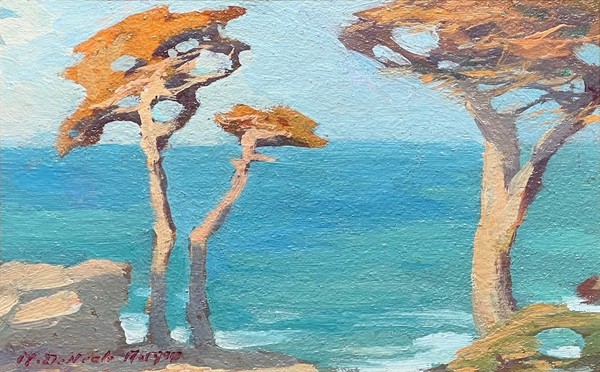 Mary DeNeale Morgan - "Cypress on the Coast" - Oil on board - 7" x 10 3/4" - Estate signed lower left
<br>Direcetly from the estate of M. DeNeale Morgan
<br>
<br>Once asked if she didn't tire of painting trees, Morgan answered that "she would stick by her cypress trees till they sink into the sea, or - what is just as tragic and final - be hopelessly built round."  Only four days before her death, she was at Point Lobos painting a cypress…a landscape painter till the end!
<br>
<br>Morgan died in Carmel, California leaving a great legacy to California art as a teacher, organizer, and painter. Working in pastel, tempera, oil, and watercolor, she painted sand dunes, wharf scenes, adobes, landscapes, and the wind-swept cypresses of the Monterey Peninsula.