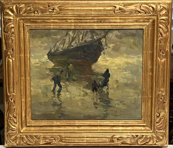 Armin C. Hansen, N.A. - "On the Sands" - Oil on canvasboard - 13" x 15 1/2" - Signed lower right
<br>Titled and signed on reverse by Armin Hansen
<br>Exhibition label on reverse/Saint Mary's College of California - 2014
<br>
<br>Exhibited:
<br>Saint Mary's College of California - Museum of Art, "The Collectors Eye: Early California Landscapes and Still Lifes."  August 10 - December 7, 2014;  "New Show of Oils"/Carmel Art Association - December, 1940
<br>
<br>At the Carmel Art Association's  December/1940 exhibition, Elinor Minturn-James offered this critique in the 'Pine Cone' for Hansen's canvas, "On the Sands". "There's wind and witchery…a storm-ridden beach muted in mist; the glimmer of yellow oil skins under the great beached hull, the whipping of seamen garb in the strong salt gale."
<br>
<br>Signed lower right
<br>Titled and signed on reverse by Armin Hansen
<br>Exhibited: Saint Mary's College of California/2014;
<br>Carmel ArtAssociation/1940
<br>
<br>Provenance:
<br>We purchased "On the Sands" in the 1980s from a retired Monterey County judge who had purchased it directly from Armin Hansen. We sold this painting in1989 and purchased it back in1994. Shortly after it was sold to a collector from the East Bay where it has remained in his collection for thirty years.  He passed away in 2024 and we had the opportunity to purchase it back through his adopted son, Executor of his estate.
<br>Exhibited:
<br>Saint Mary's College of California - Museum of Art, "The Collectors Eye: Early California Landscapes and Still Lifes."  August 10 - December 7, 2014. "New Show of Oils" - Carmel Art Association - December, 1940