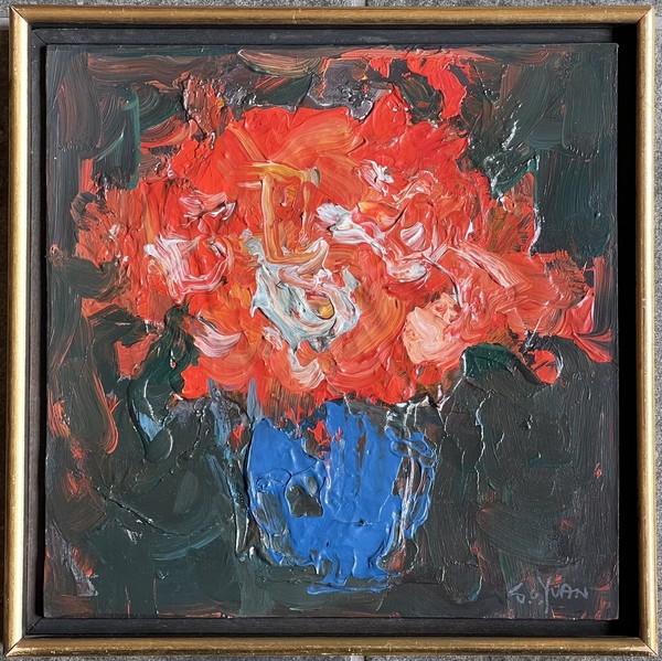 S.C. Yuan - "Floral Still Life" - Oil on masonite - 10" x 10" - Signed lower right
<br>Exhibition label on reverse - Carmel Art Association/1974
<br>Retains Yuan's original shadow box frame
<br>Price of $85.00 and signed by Yuan in red on inner frame.
<br>
<br>PROVENANCE:
<br>We purchased "Floral Still Life" directly from a respected artist/member of the Carmel Art Association who purchased it at the CAA's September 1974 exhibition of the works of S.C. Yuan.
<br>
<br>In September 1974 Yuan installed his last show at the Carmel Art Association. Two days later he tragically committed suicide. After three days of shock and mourning, his fellow artists bought out the entire exhibition.