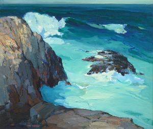 John O'Shea - "Seascape and Rocks,  Point Lobos" - Oil on canvas - 30" x 36" - Signed lower left
<br>
<br>
<br>"Seascape and Rocks - Point Lobos" is a forcefully executed canvas representing the best of his early work off the coast near Carmel.   O'Shea employs loaded brushwork, deep saturated colors, and bold rhythmic patterns to create a work reminiscent of the powerful canvases of his peers - George Bellows, Armin Hansen and William Ritschel. 
<br>
<br>This painting is a rare early work of Point Lobos, of exhibition size, and the finest O’Shea we have owned and one of the best he has ever painted of the California coast.