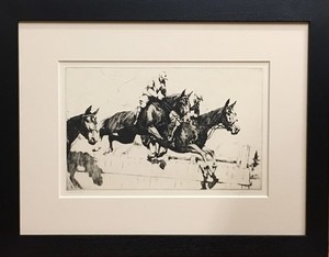 Armin C. Hansen, N.A. - "Over the Top" - Etching and drypoint - 9" x 14 3/8" - Plate: Signed and dated, lower right: Armin Hansen '31. 
<br>Titled in pencil lower left; signed in pencil lower right.
<br>
<br>Illustrated:  'The Graphic Art of Armin C. Hansen, A Catalogue Raisonne' by Anthony  R. White/1986. Plate 127, page 142.
<br>
<br>In the fall of 1931, Hansen accepted a commission from the Pebble Beach Riding Club for a painting of horses in a steeplechase, which would serve as inspiration for the etching and drypoint “Over the Top”. Not only did the print do well in terms of sales, but in the summer of 1932, it won an Honorable Mention in the Competition and Exhibition of Art held in conjunction with the Summer Olympic Games in Los Angeles; catalogue #911, page 58. For Hansen, the rodeo scenes and horse imagery harkened back to his father. “There’s only one way I can account for the horses,” he explained. “My father, who was a painter before me, made quite a success with frontier subjects.”