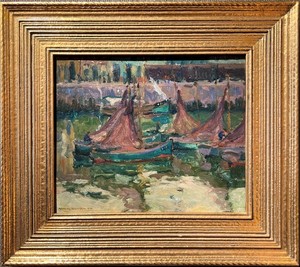 Armin C. Hansen, N.A. - "Idle Fisher Fleet" - Oil on panel - 10" x 12" - Signed lower left: Armin Hansen N.A.
<br>Titled and signed on reverse
<br>Remnant of custom's label on reverse: Nieuport
<br>
<br>Exhibited:
<br>Early California Masters: Paintings from the Katherine A. Norris Legacy Collection, American Legacy Fine Arts, Pasadena, California, November 12 - December 19, 2021. Illustrated in accompanying catalogue, page six.
<br>
<br>Published:
<br>American Art Review Magazine, advertisement, November/December 2021
<br>
<br>Western Art & Architecture, advertisement, November 2021
<br>
<br>American Art Review Magazine advertisement, March/April 2020