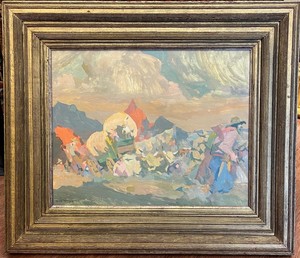 Armin C. Hansen, N.A. - "Empire Builders" - Oil on board - 15 3/4" 19 3/4" - Signed lower left
<br>Titled and signed on reverse
<br>One of two paintings that Hansen exhibited
<br>at the CAA's 1936 Christmas Show.
<br>
<br>A symbolic creation inspired by California’s Gold Rush era in the days of the Forty Niners
<br>
<br>The "Empire Builders" is one of three significant paintings that Thelma B. Miller, art critic for the Carmel Pine Cone, singles out as a “new” method of painting which Armin Hansen briefly and very successfully ventured into in 1936.
<br>
<br>The following is excerpted from: Jennie V. Cannon: The Untold History of the Carmel and Berkeley Art Colonies, Volume 1, East Bay Heritage Project, by Robert W. Edwards/2012, page 429:
<br>
<br>In the summer of 1936, Hansen completed for the new library at Carmel's Sunset School his WPA Federal Art Project mural entitled 'The Span of Life', a symbolical creation in light, bright colors…'. That fall at the Carmel Art Association's Exhibition of Oils, Miller observed: The Hansen painting, 'With the Wind', seems to mark further the emergence of a new method by this outstanding artist. He has never made finer use of color than in some of his recent paintings. Of his two entries at the Carmel Art Association's Christmas Show in 1936 Miller found that one was a "blue-water" canvas in his "old method," but the other was executed in the new "symbolism which he is currently practicing" with "a whole new palette full of colors…his 'Empire Builders' inspired by the covered wagon period, but not historic or genre in style." 
<br>
<br>
<br>The following is excerpted from: Armin Hansen: The Artful Voyage by Scott A. Shields, PhD. / 2015:
<br>
<br>"For decades, the American frontier symbolized the youth and potential of the new nation, but with development bridging the coasts and the country connected by iron rails and roads, the need to civilize the American wilds was waning, and the idea of the frontier was quickly becoming self-conscious, a sure sign that the era had passed. And yet the frontier did linger symbolically, making images and stories of humanity's interactions with nature appealing." Page 29.
<br>
<br>CHRONOLOGY: December/1936: Exhibits two paintings (a blue marine and Empire Builders) in a show of small paintings at the Carmel Art Association. Page 251.
<br>
<br>NOTE: Hansen painted a larger version of 'Empire Builders' in 1949, oil on canvas, 24” x 36”, commemorating the year of the Gold Rush. It is in the permanent collection of the Monterey Museum of Art.