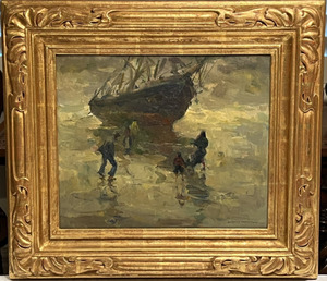 Armin C. Hansen, N.A. - "On the Sands" - Oil on canvasboard - 13" x 15 1/2" - Signed lower right
<br>Titled and signed on reverse by Armin Hansen
<br>Exhibition label on reverse/Saint Mary's College of California - 
<br>December 7, 2014
<br>Custom 
<br>
<br>
<br>Exhibited:
<br>Saint Mary's College of California - Museum of Art, "The Collectors Eye: Early California Landscapes and Still Lifes."  August 10 - December 7, 2014.
<br>
<br>"New Show of Oils"/Carmel Art Association - December, 1940
<br>
<br>At the Carmel Art Association's  December/1940 exhibition, Elinor Minturn-James offered this critique in the 'Pine Cone' for Hansen's canvas, "On the Sands". "There's wind and witchery…a storm-ridden beach muted in mist; the glimmer of yellow oil skins under the great beached hull, the whipping of seamen garb in the strong salt gale."
<br>
<br>Signed lower right
<br>Titled and signed on reverse by Armin Hansen
<br>Exhibited: Saint Mary's College of California
<br>December 7, 2014; CAA/December, 1940